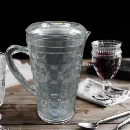 Transparent plastic pet jug with lid, reusable BPA-free water container by Wukusy for home or restaurant use.