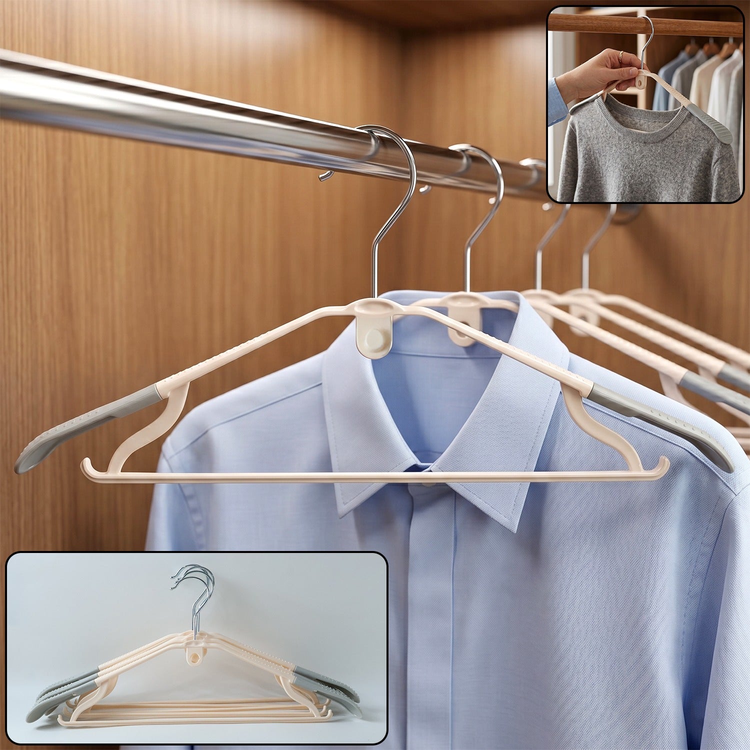 Set of five durable plastic clothes hangers by Wukusy, featuring sturdy construction and smooth design for clothing organization.