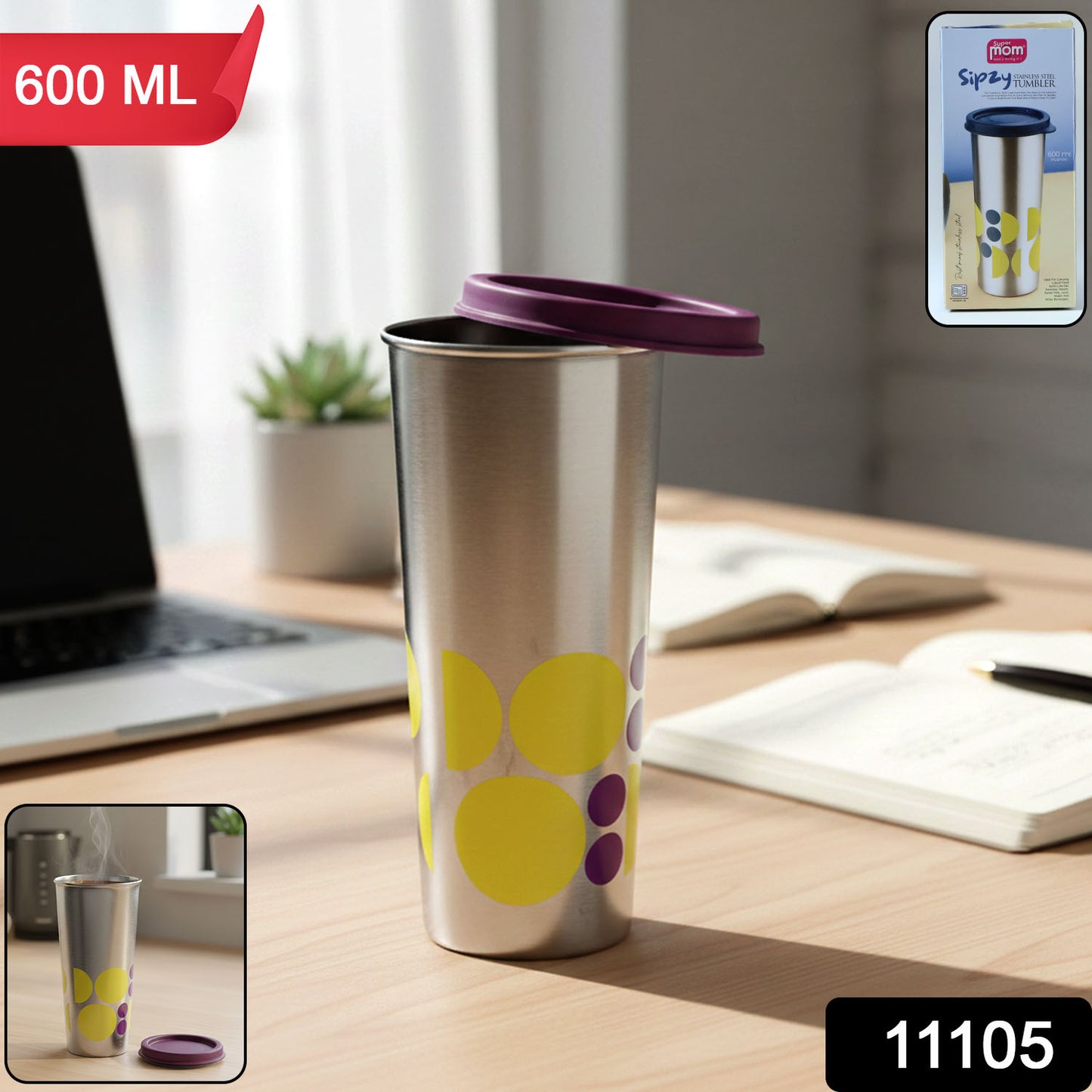 Wukusy Supermom stainless steel 600ml travel tumbler with printed design, close-up view of the insulated travel mug.