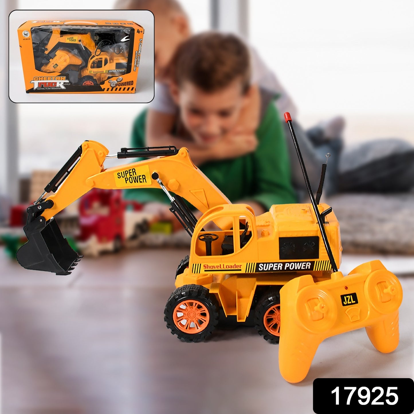 Wukusy JCB construction toy set with remote control, featuring a plastic JCB truck and accessories for kids and boys.