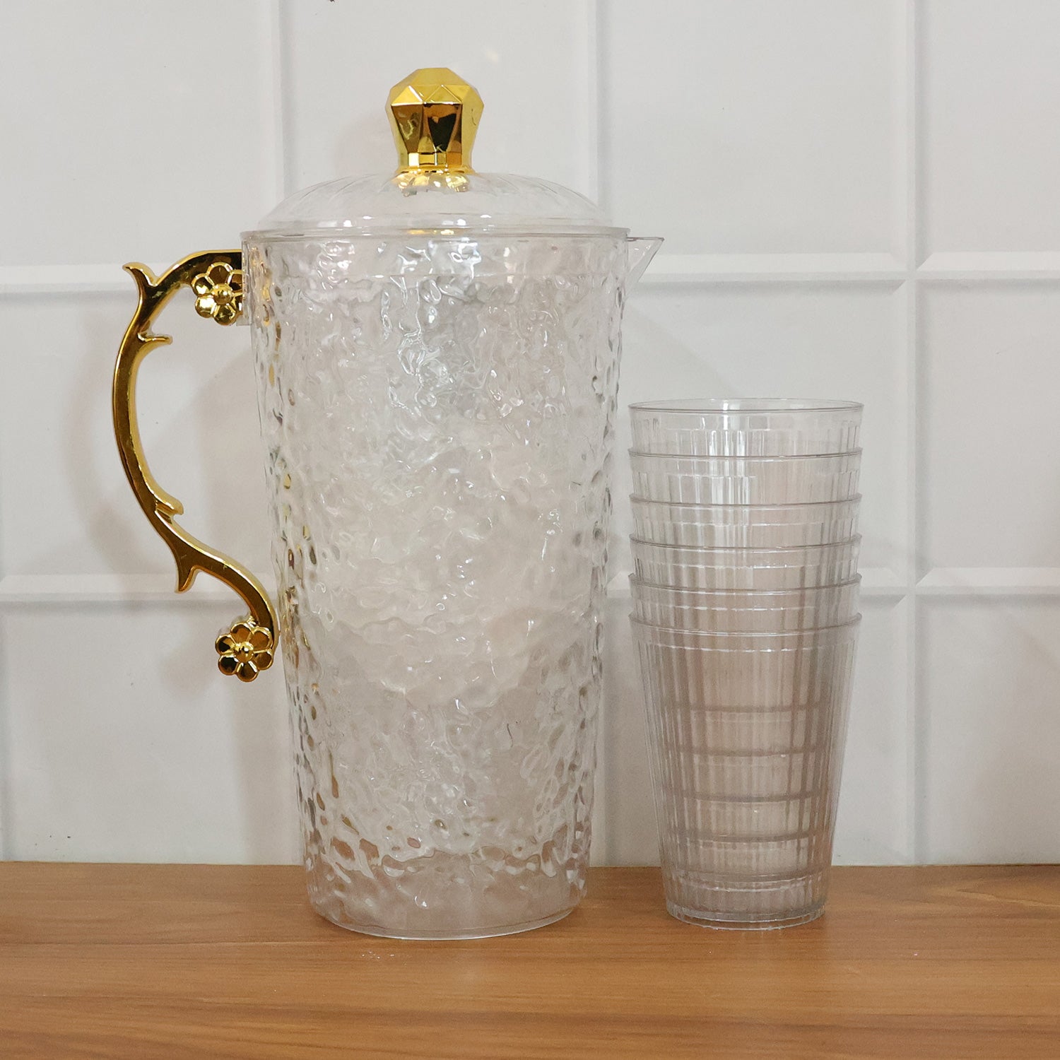 Elegant textured glass water jug with six matching glasses set by Wukusy, showcasing a stylish and durable drinkware collection.