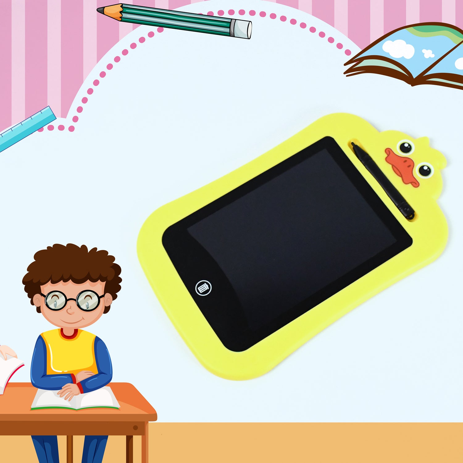 Kids portable LCD writing tablet by Wukusy showing a sleek, lightweight design with a colorful drawing displayed on the screen.