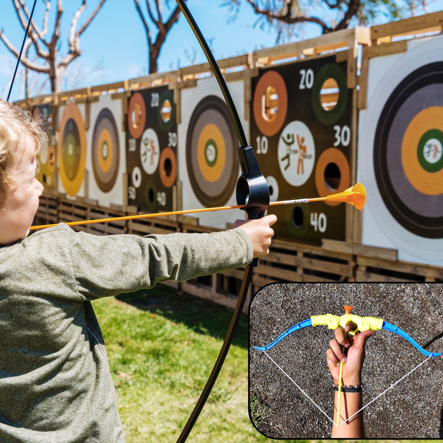 Wukusy plastic archery toy set with bow, three arrows, target board, and a plastic knife for kids' play.