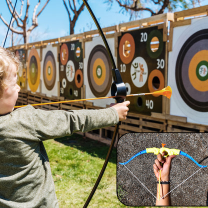 Wukusy plastic archery toy set with bow, three arrows, target board, and a plastic knife for kids' play.