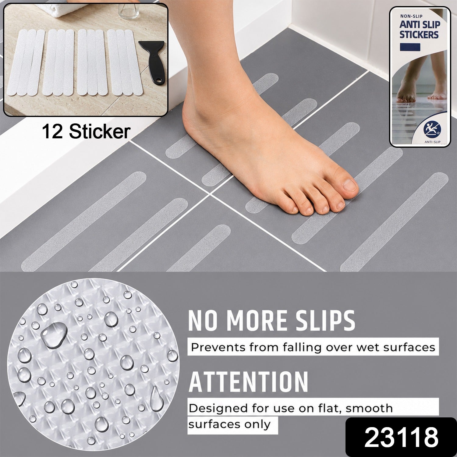 Wukusy anti-slip bath strips with invisible grip for safe, secure bathing on a tiled bathroom floor.