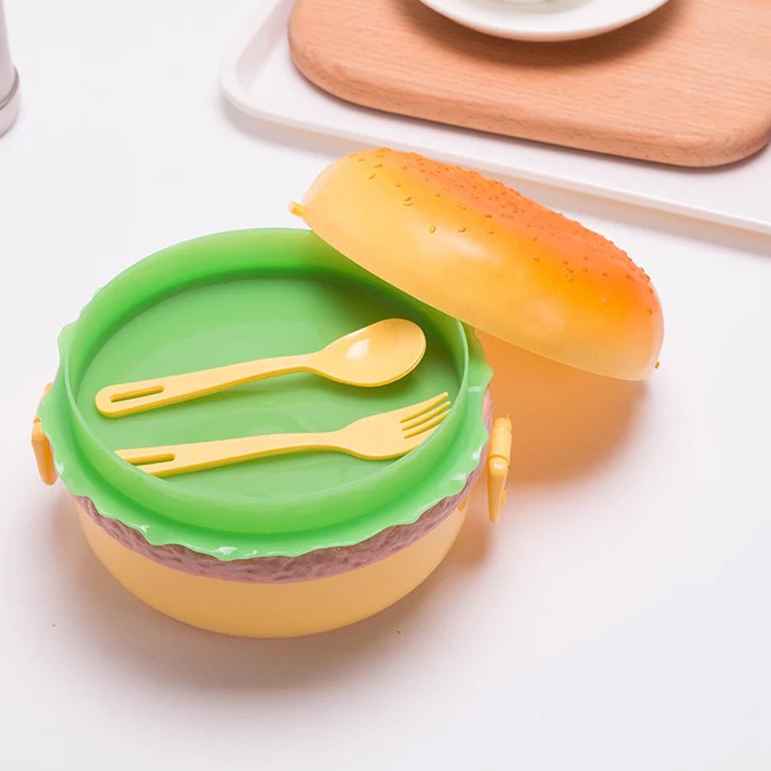Wukusy burger shape plastic lunch box with double layer design, includes 2 spoons, 1000ml capacity, suitable for kids and students.
