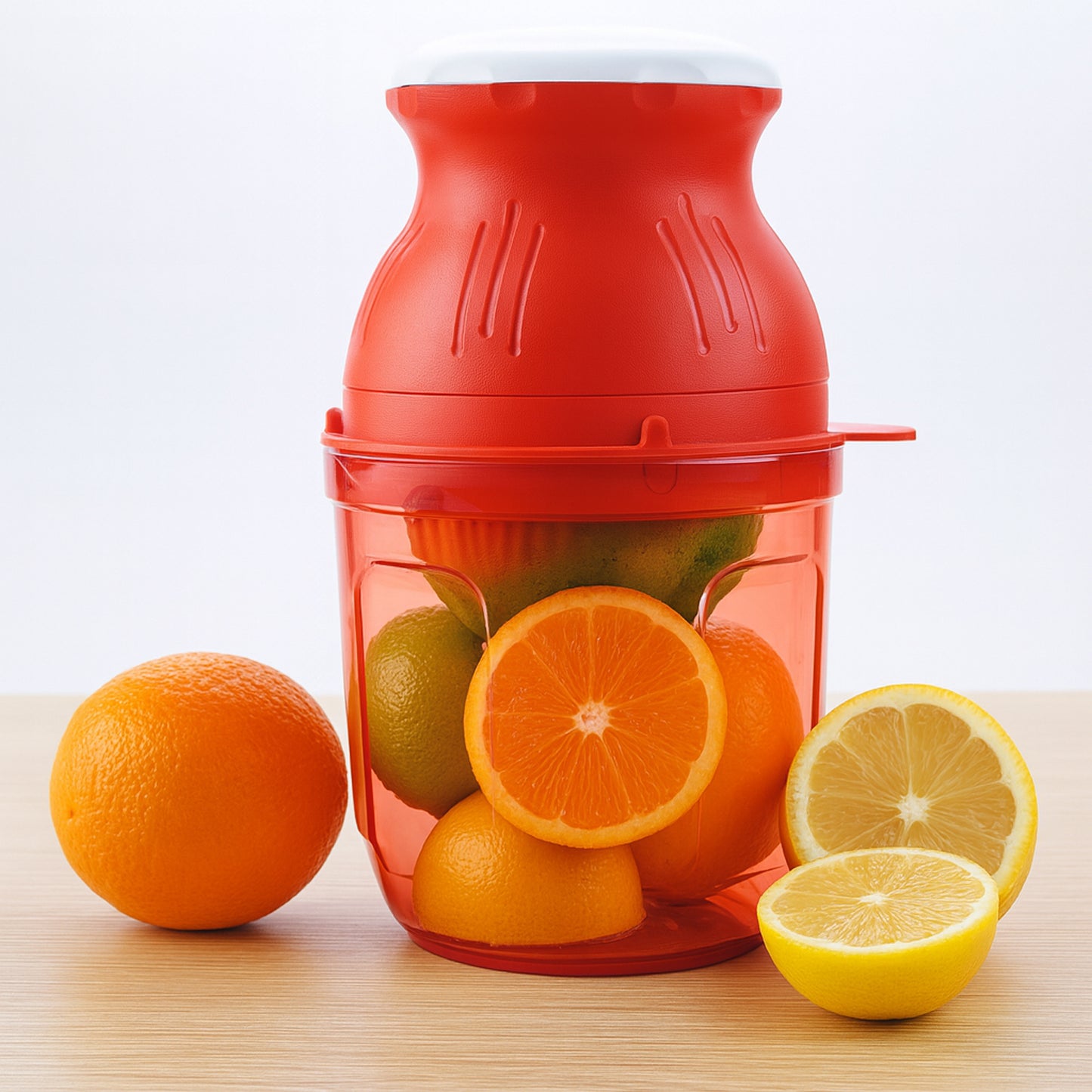 Wukusy Supermom Handheld Manual Juicer for home use, shown in use with fresh citrus fruit for easy juice extraction.