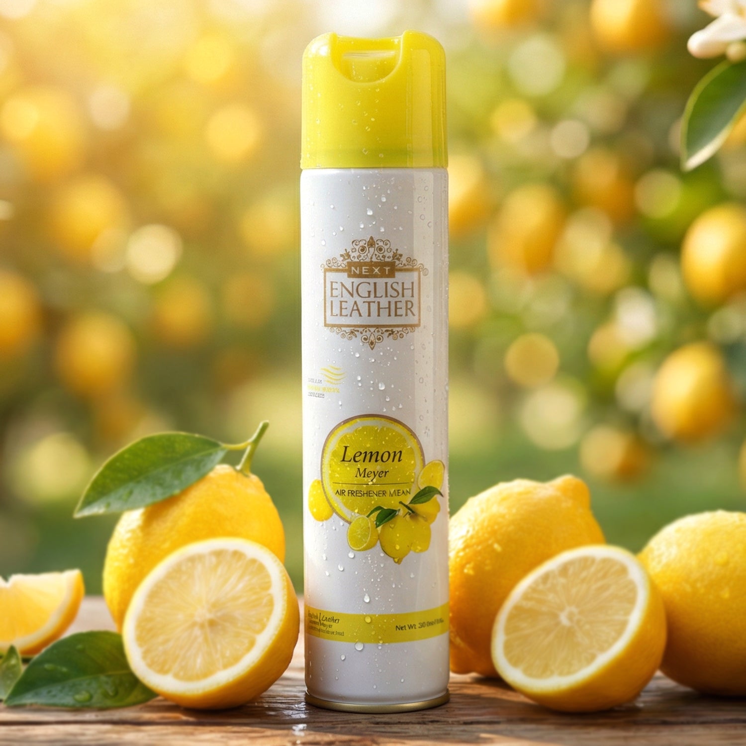Next Premium English Leather Lemon air freshener spray by Wukusy, 220ml bottle with a sleek design and lemon scent label.
