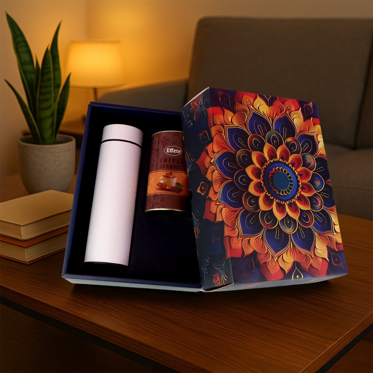 Wukusy Effete Coffee Almonds gift hamper with golden packaging and a bottle, featuring two elegant home and kitchen product pieces.