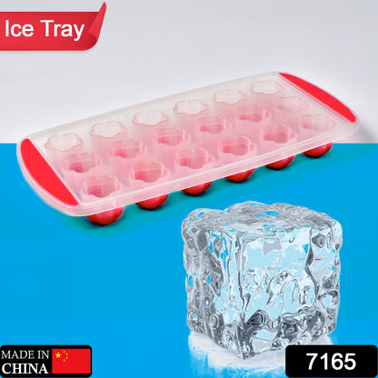 Wukusy 7165 flower-shaped ice mold with 18 cavities, small sphere and flower ice cubes in a clear plastic tray.