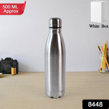 Silver stainless steel water bottle by Wukusy, 500ml capacity, showing sleek design and durable metal construction.