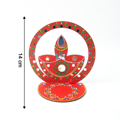 Handcrafted wooden decorative diya stand for home decor by Wukusy, showcasing a natural wood finish and intricate design details.