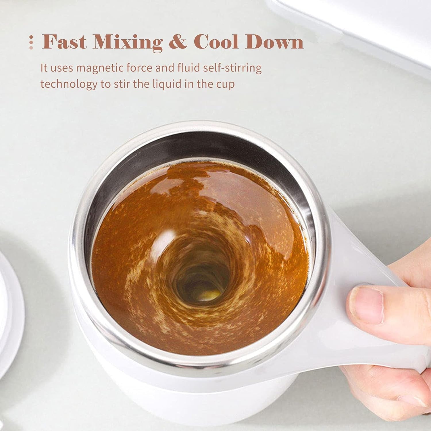 Wukusy 5545 Stirring Coffee Mug with magnetic mixing feature, stainless steel, ideal for coffee, milk, or hot chocolate, battery operated.