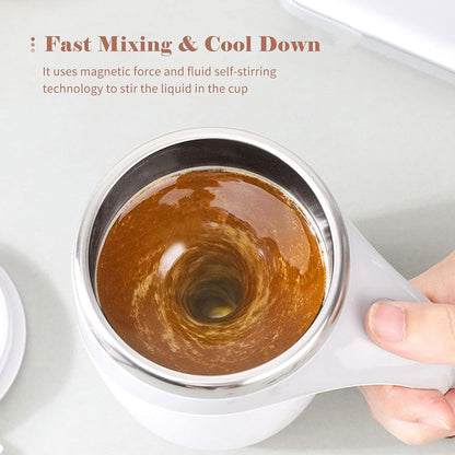 Wukusy 5545 Stirring Coffee Mug with magnetic mixing feature, stainless steel, ideal for coffee, milk, or hot chocolate, battery operated.