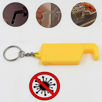 Multicolor 2-in-1 plastic keychain with mobile stand and phone holder from Wukusy, shown with keys attached and phone support features.