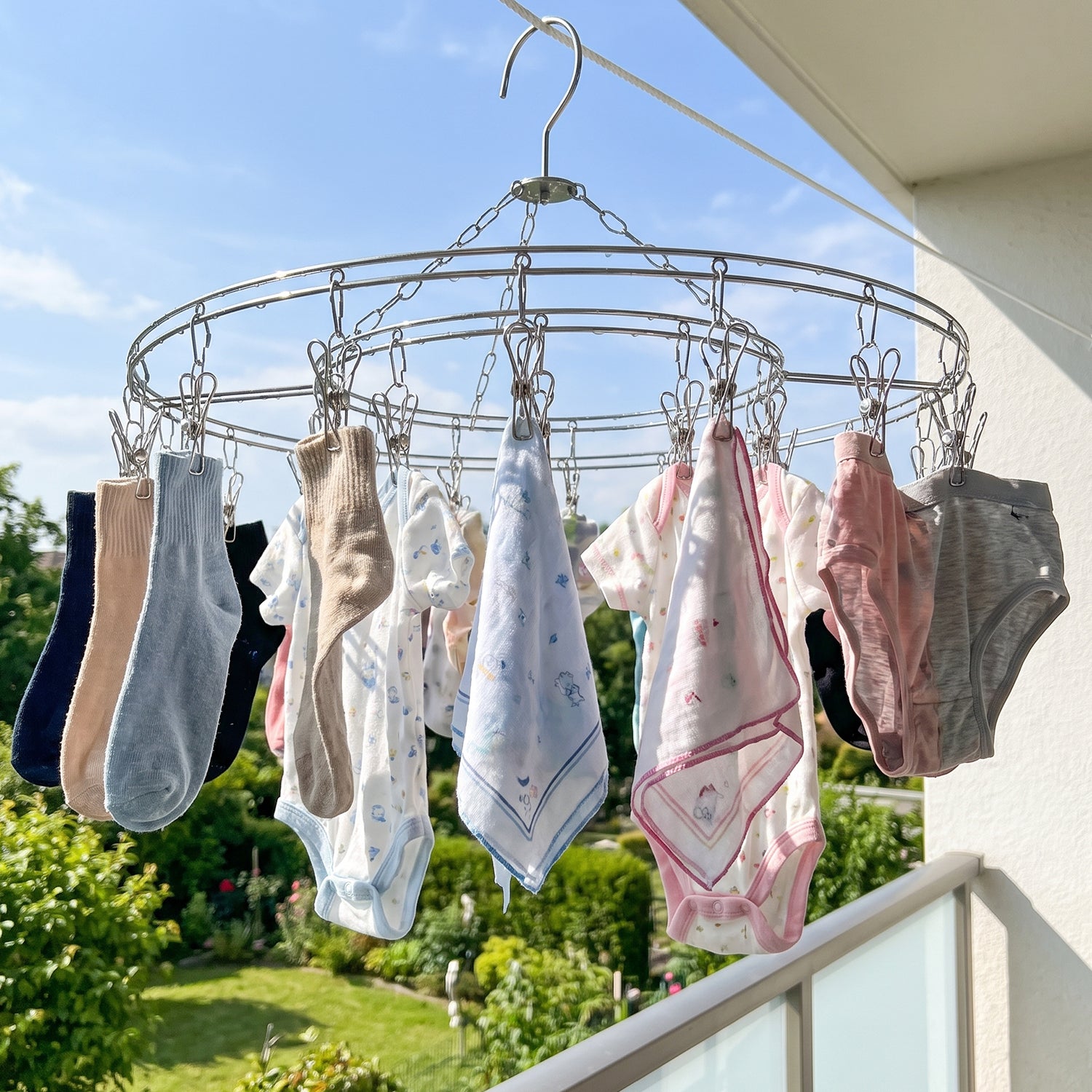 Wukusy stainless steel round multi-clip drying hanger with clips for socks and underwear, designed for laundry drying.