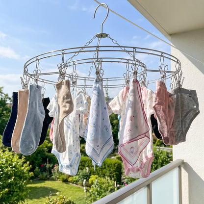 Wukusy stainless steel round multi-clip drying hanger with clips for socks and underwear, designed for laundry drying.