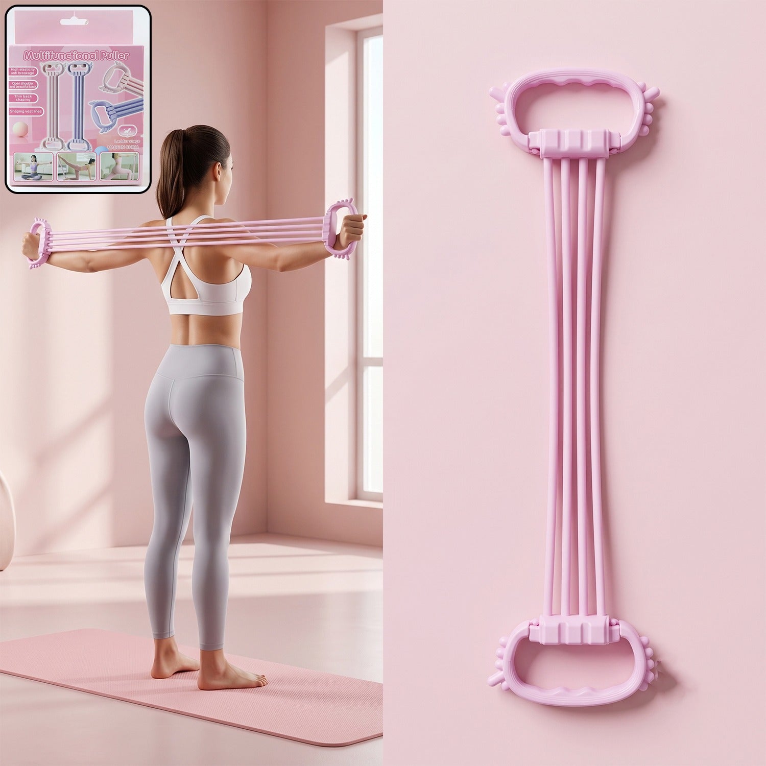 Wukusy multifunctional chest expander puller with three resistance tubes for home gym workouts, shown with handles and resistance bands.
