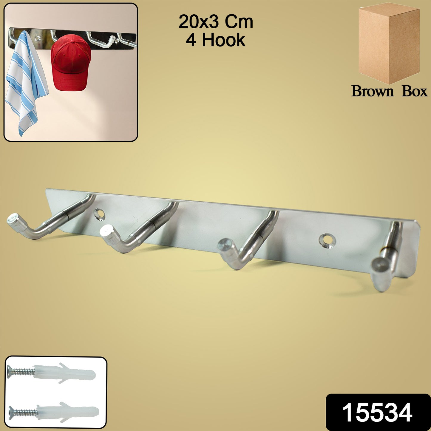 Stainless steel wall-mounted coat rack with four hooks, Wukusy brand, ideal for home entryways and kitchen organization.