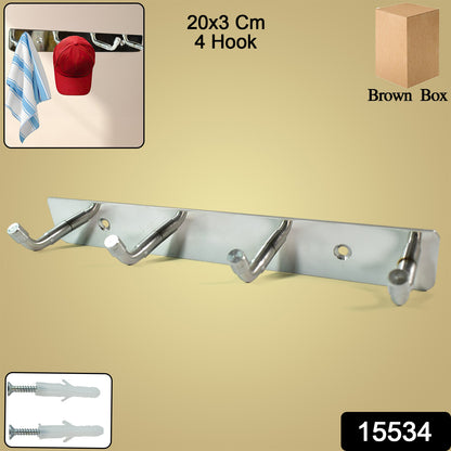 Stainless steel wall-mounted coat rack with four hooks, Wukusy brand, ideal for home entryways and kitchen organization.