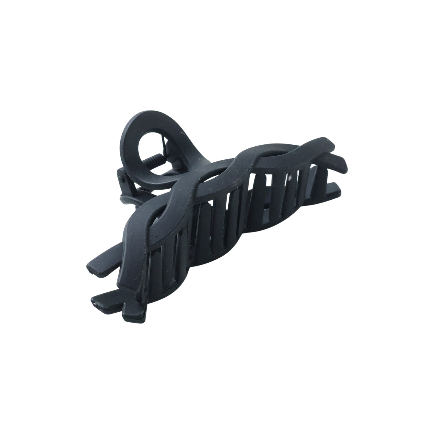 Wukusy stylish twist design hair claw clip holding hair, made of durable plastic, in a natural light setting.
