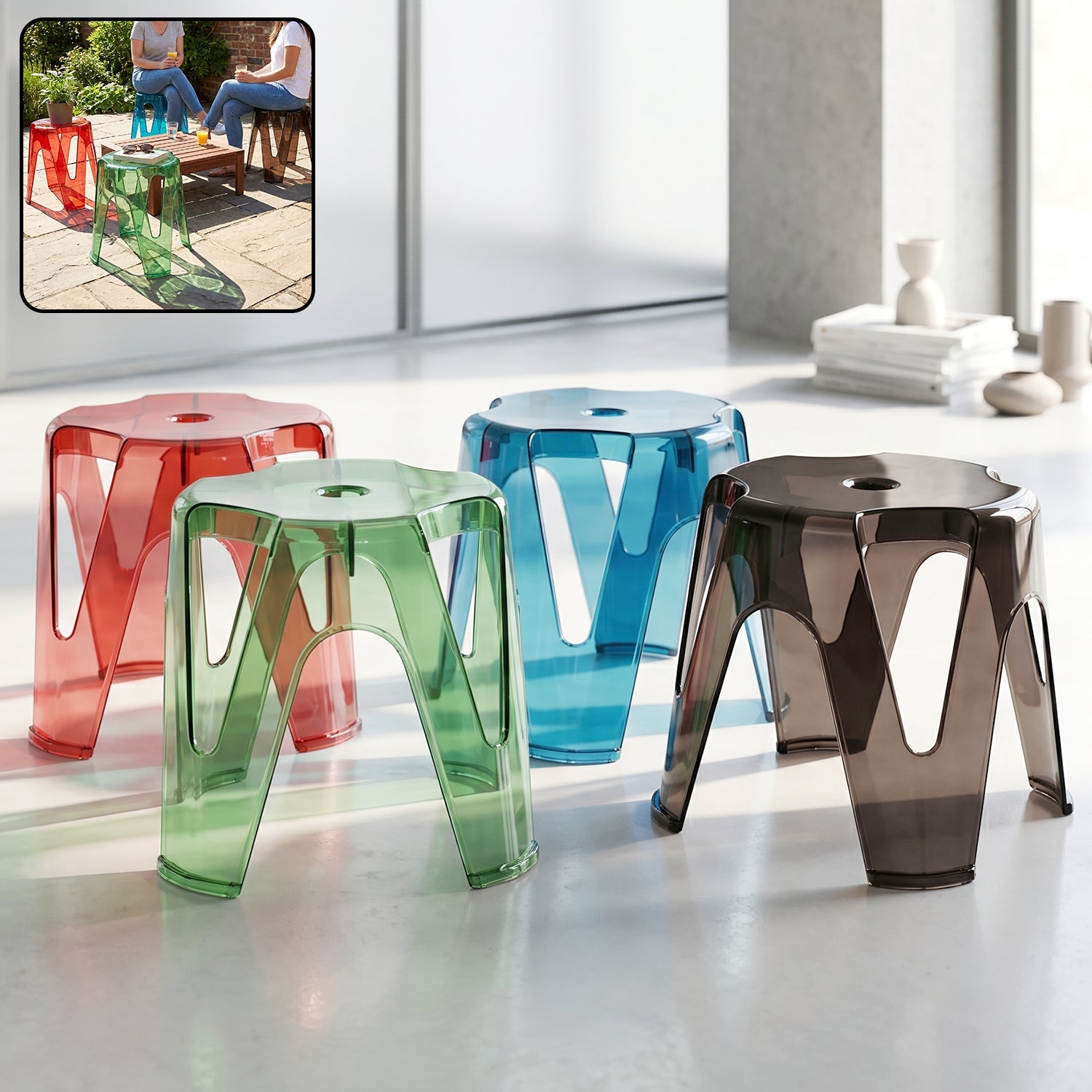 Set of four Wukusy transparent plastic sitting stools, 28x26cm, sturdy indoor and outdoor seats with modern design.