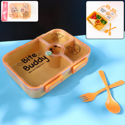 Wukusy Bite Buddy plastic lunch box with four compartments, leak-resistant design, includes spoon and fork for convenient meal storage