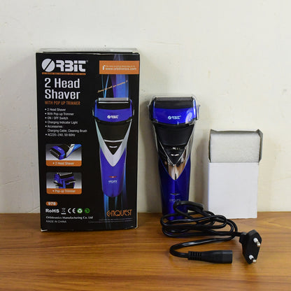 Wukusy Orbit rechargeable electric foil shaver with two heads and pop-up trimmer for face and body grooming.