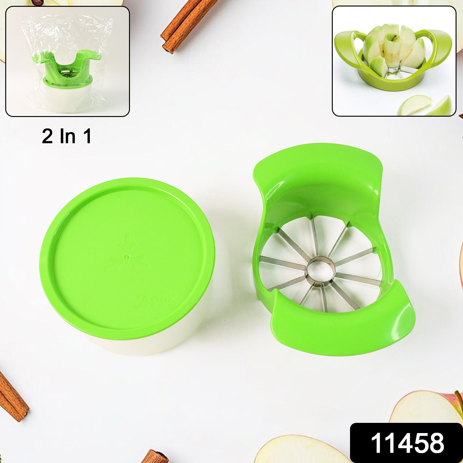 Wukusy Apex Apple Cutter with container, unbreakable ABS body, stainless steel blades for easy apple slicing in kitchen.