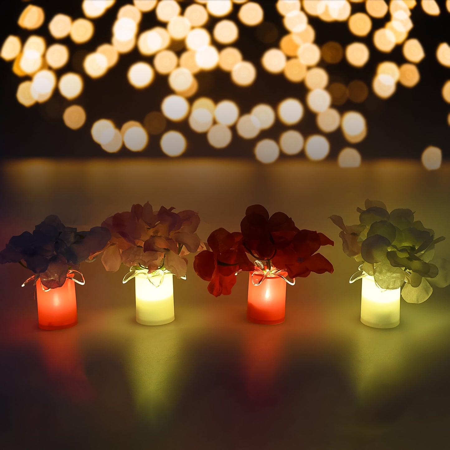 Set of four Wukusy LED mood lights for bedroom interior decor, showcasing colorful ambient lighting on a modern bedroom wall.