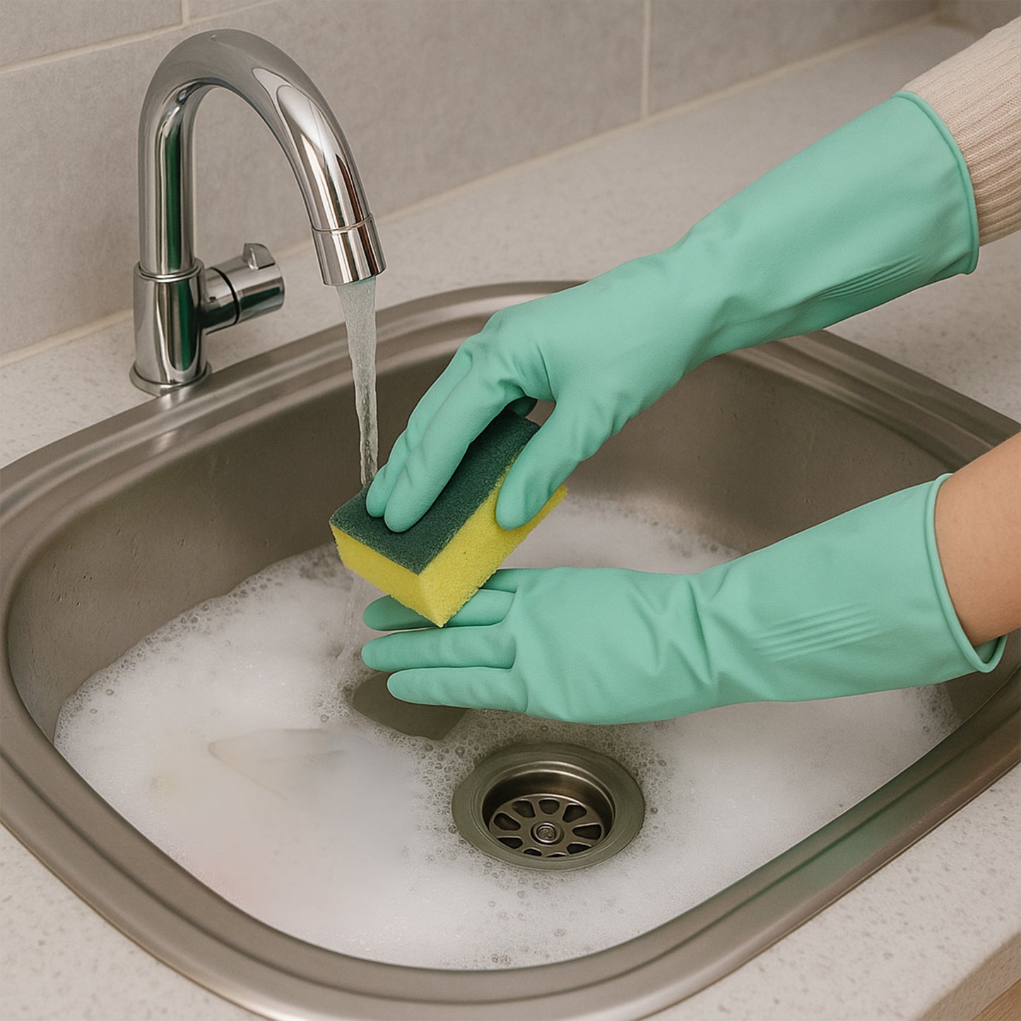 Pair of Wukusy long cuff multipurpose rubber cleaning gloves in mixed colors, ideal for household cleaning tasks.