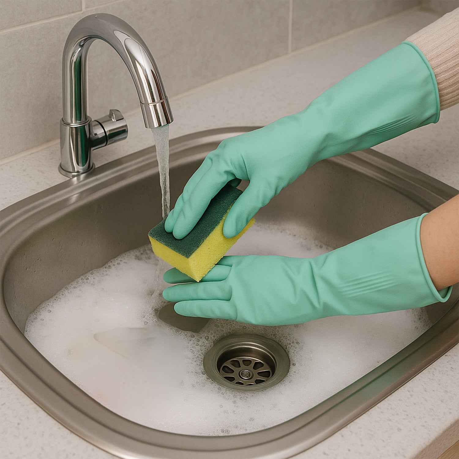 Pair of Wukusy long cuff multipurpose rubber cleaning gloves in mixed colors, ideal for household cleaning tasks.