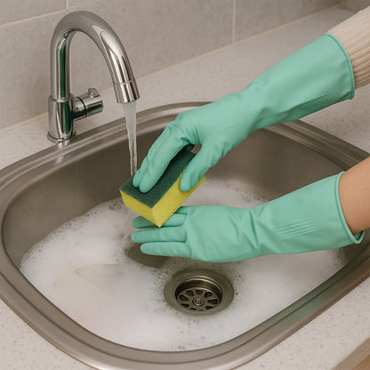 Pair of Wukusy long cuff multipurpose rubber cleaning gloves in mixed colors, ideal for household cleaning tasks.