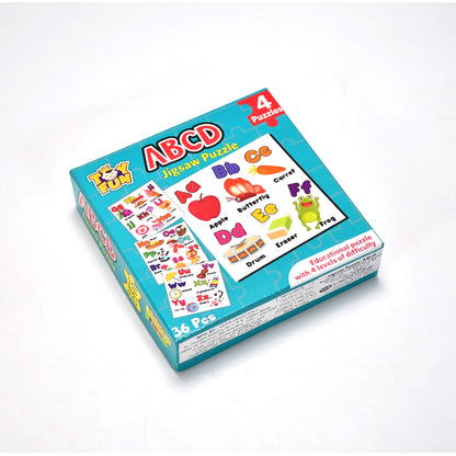 Wukusy 4052 Learning ABCs jigsaw toy puzzle set for children with four colorful puzzles, promoting early education and fun learning.