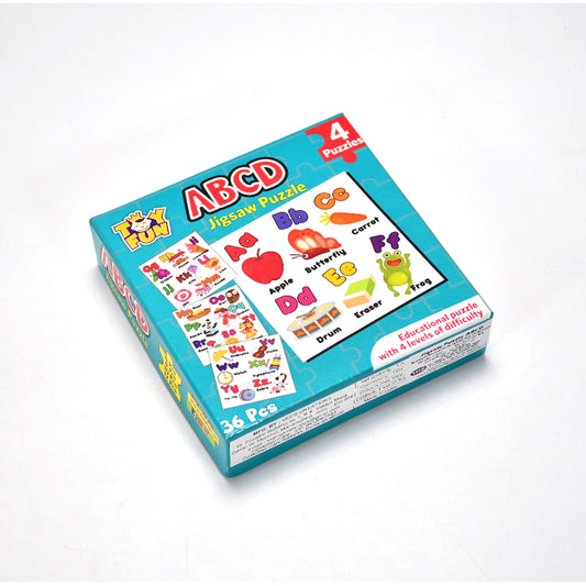 Wukusy 4052 Learning ABCs jigsaw toy puzzle set for children with four colorful puzzles, promoting early education and fun learning.