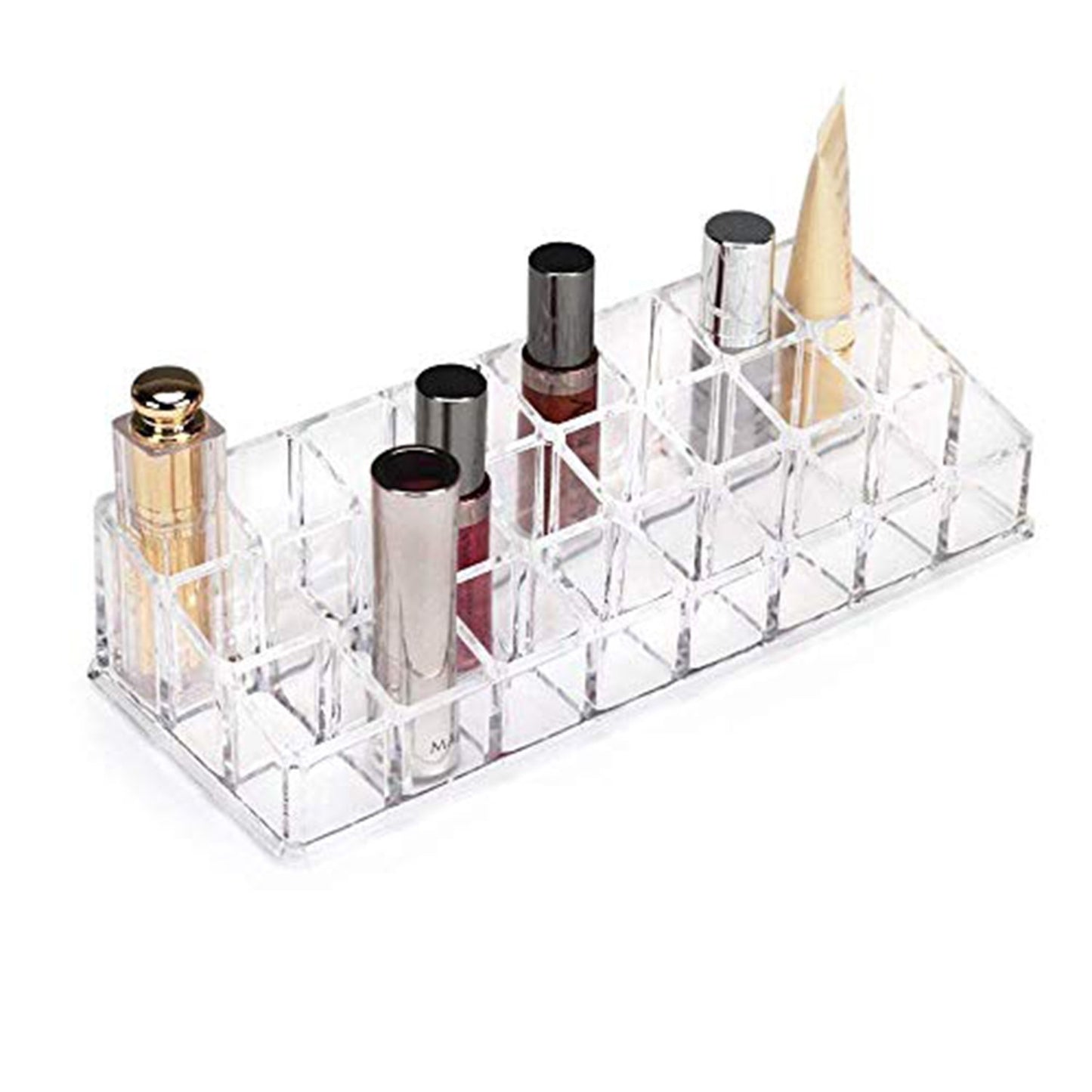 Wukusy 6093 acrylic lipstick display stand with 24 sections for organizing cosmetics and lipsticks in health and beauty settings.