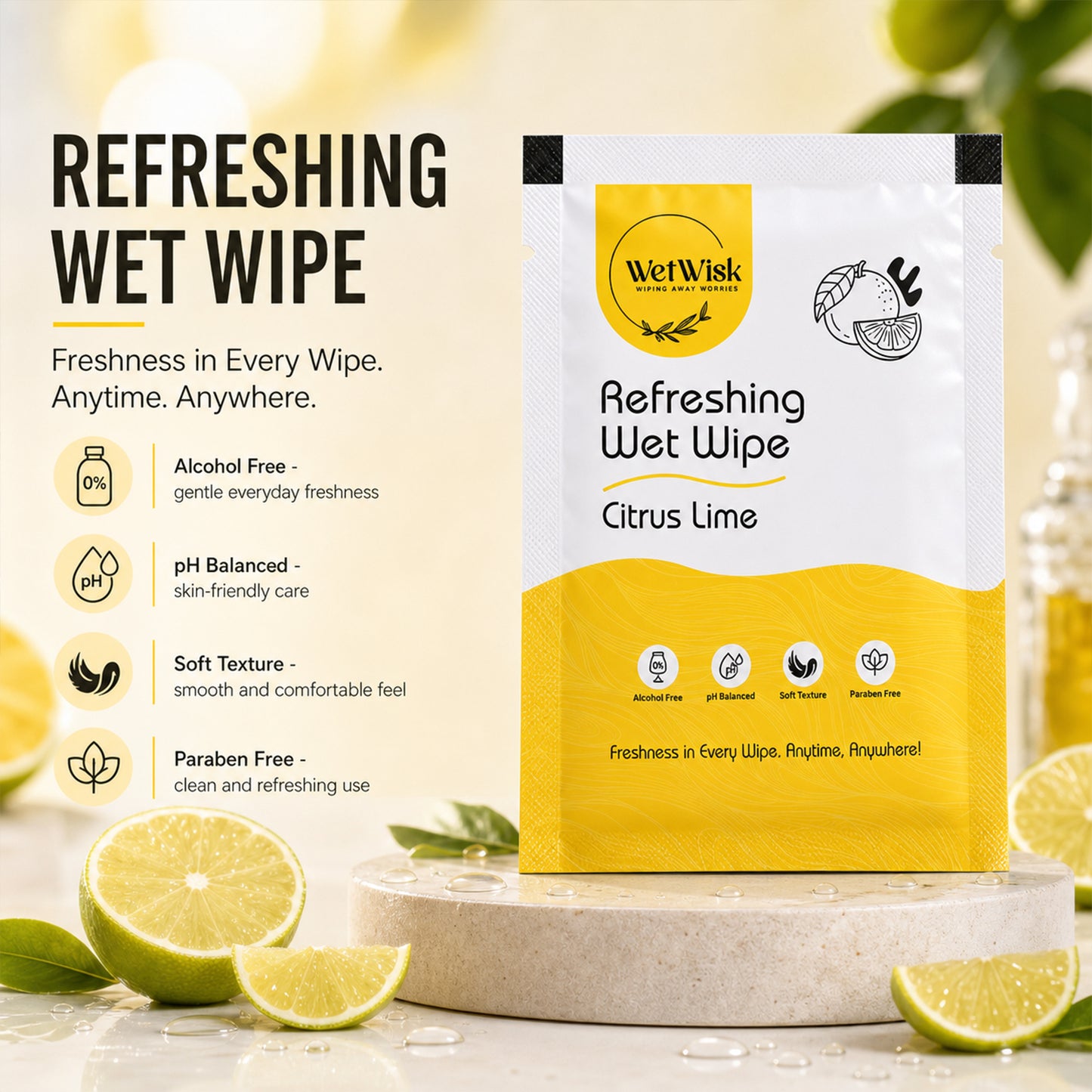 Wukusy citrus lime refreshing wet wipe for face, hands, and body, showcasing a moist cleansing wipe with citrus scent and fresh appearance.