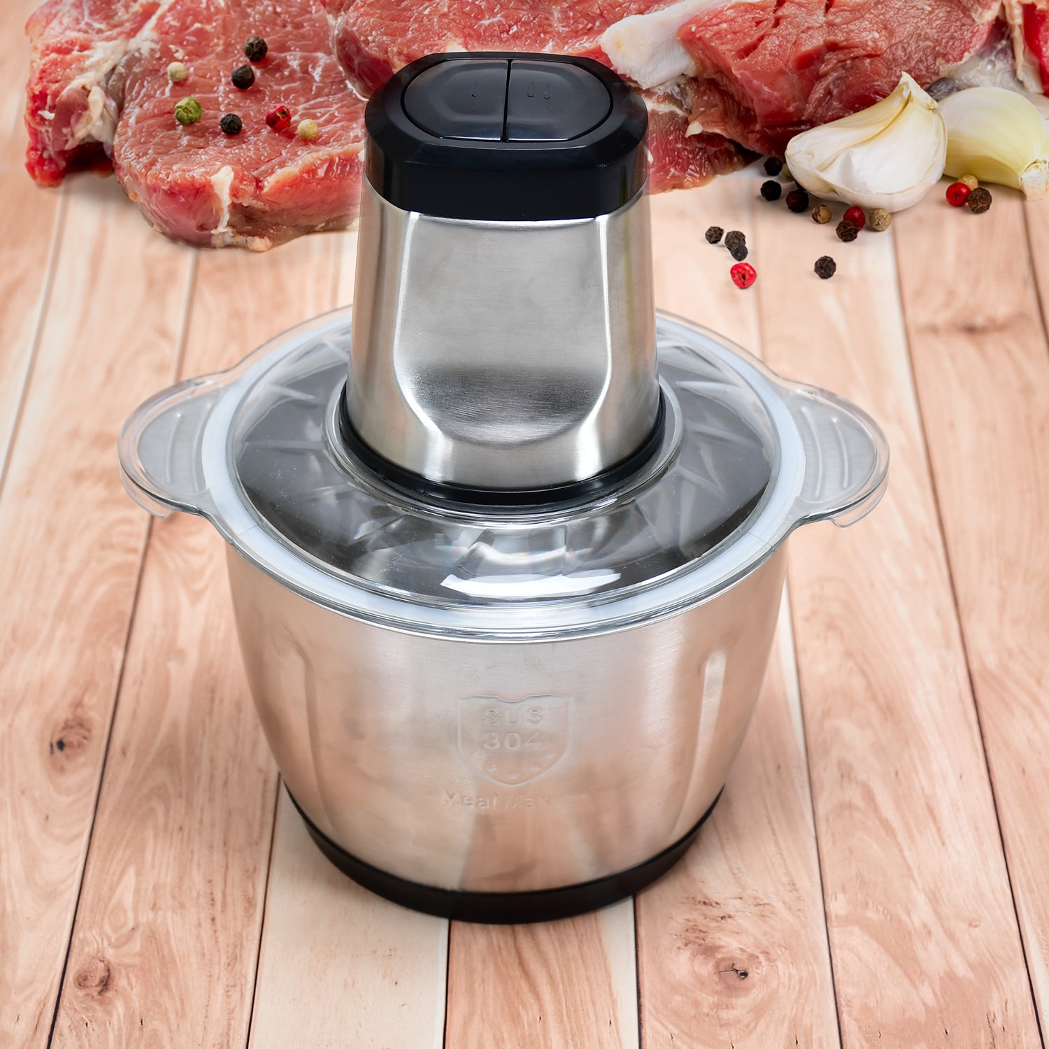 Wukusy stainless steel electric meat grinder with 3L bowl, 300W motor, for chopping meat, vegetables, onions, garlic, nuts, and fruits