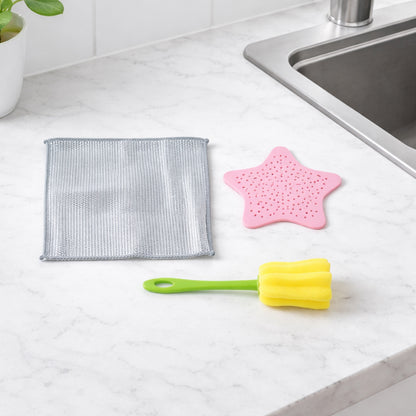 Wukusy 3-in-1 kitchen cleaning combo set with scrub brushes, sponges, and cleaning cloths on a countertop.