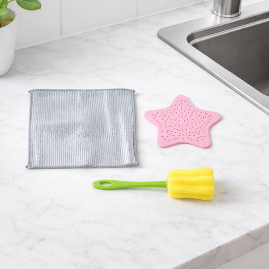Wukusy 3-in-1 kitchen cleaning combo set with scrub brushes, sponges, and cleaning cloths on a countertop.