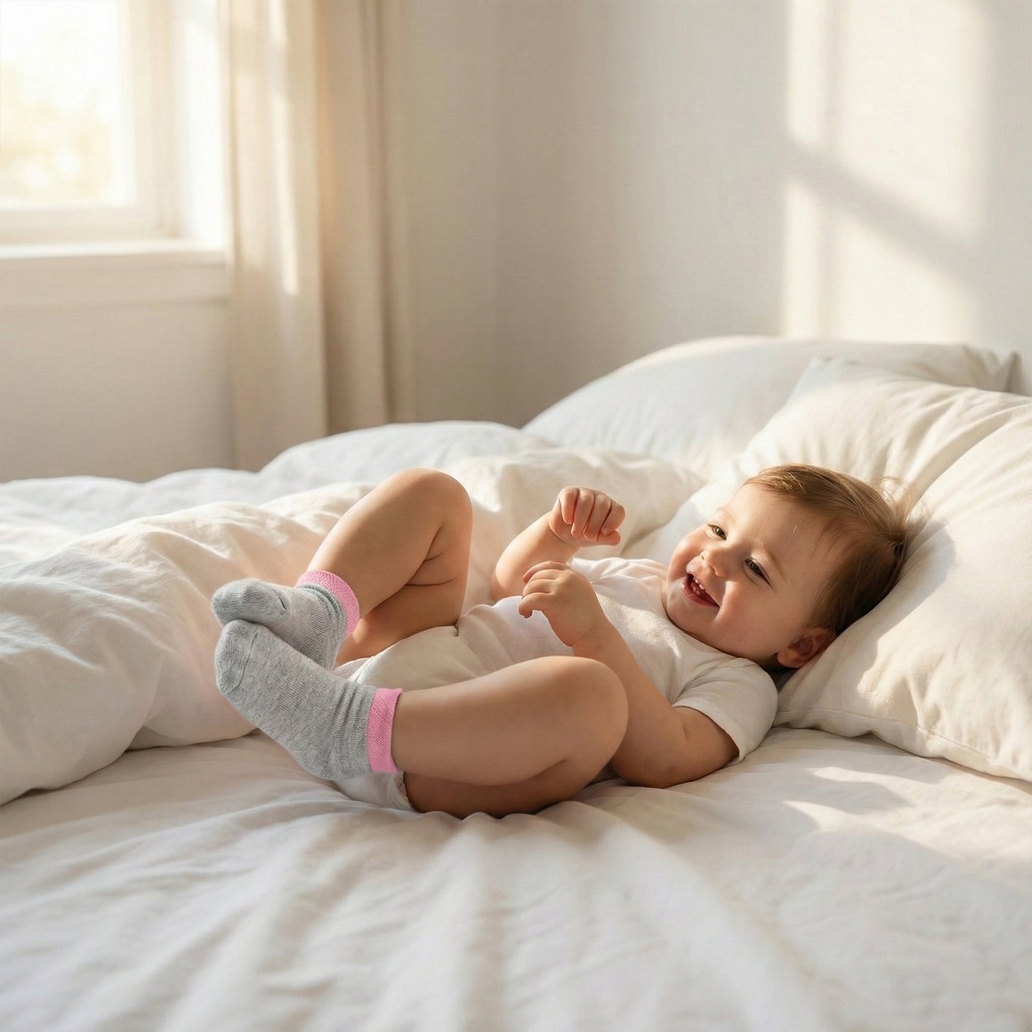 Pair of Wukusy soft light socks for small kids, showing cozy, colorful fabric suitable for children’s health and comfort.