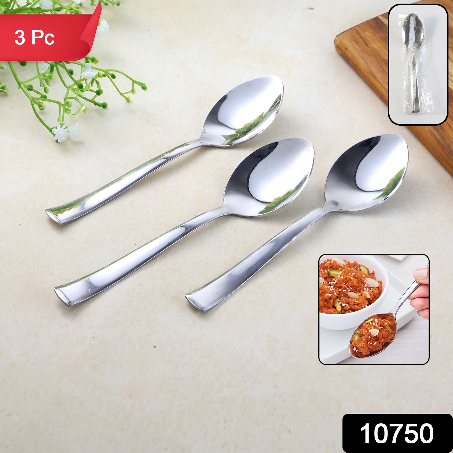 Set of three Wukusy Everyday Dining Spoons, stainless steel utensils for home dining, shiny and ergonomic design