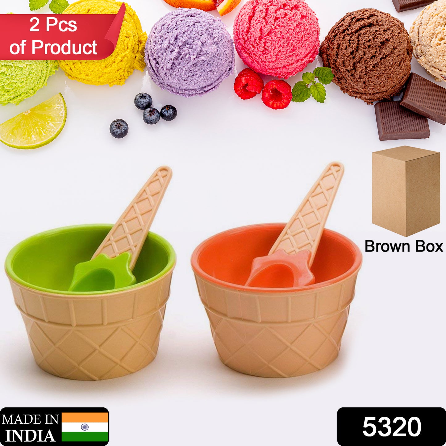 Wukusy 5320 ice-cream waffle spoon bowel cup set with two ceramic bowls and spoons for serving ice cream in a home setting