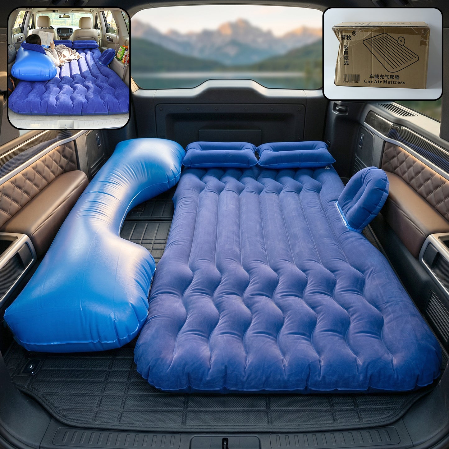 Dark blue Wukusy portable car air mattress bed set with pump and pillows, fully inflated and ready for use inside a vehicle.
