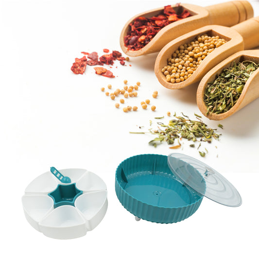 Wukusy 5811 360 Revolving Spice Box with 7 compartments for storing dry fruits, spices, pickles, tea, sugar, and kitchen essentials.