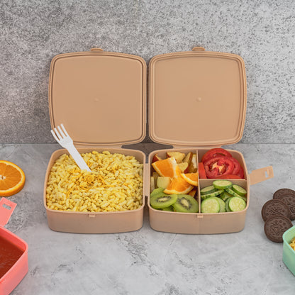 Wukusy double-layer square lunch box with four compartments, push lock, plastic design, includes spoon, ideal for travel, school, and home
