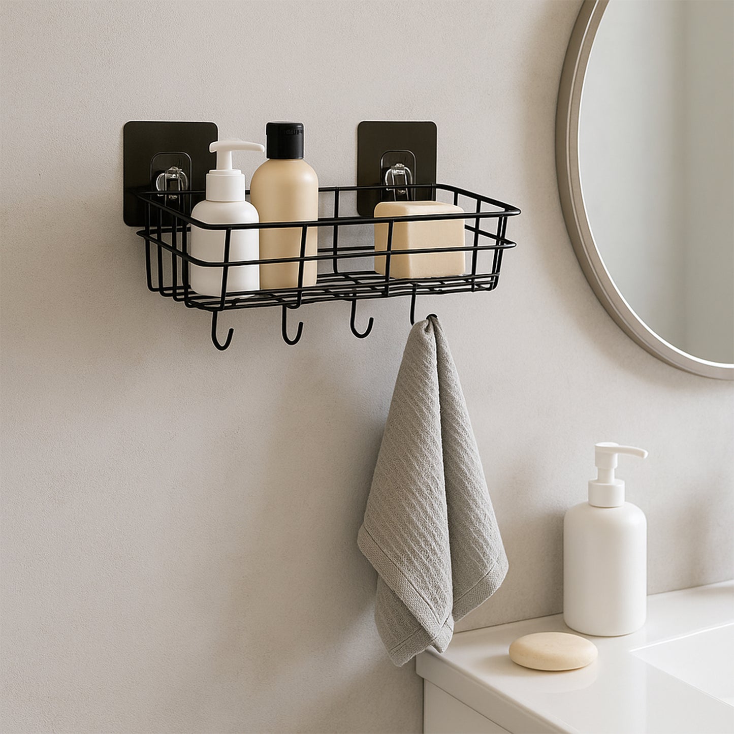 Two heavy-duty Wukusy self-adhesive wall storage baskets with hooks for organizing items in home improvement projects.
