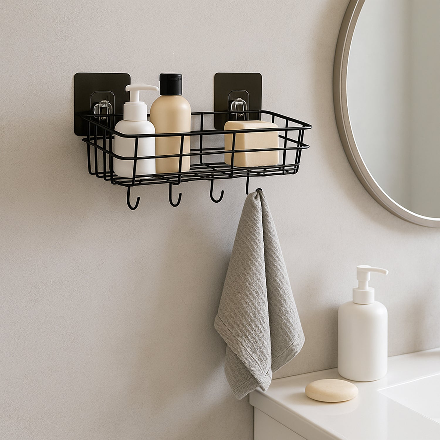 Two heavy-duty Wukusy self-adhesive wall storage baskets with hooks for organizing items in home improvement projects.