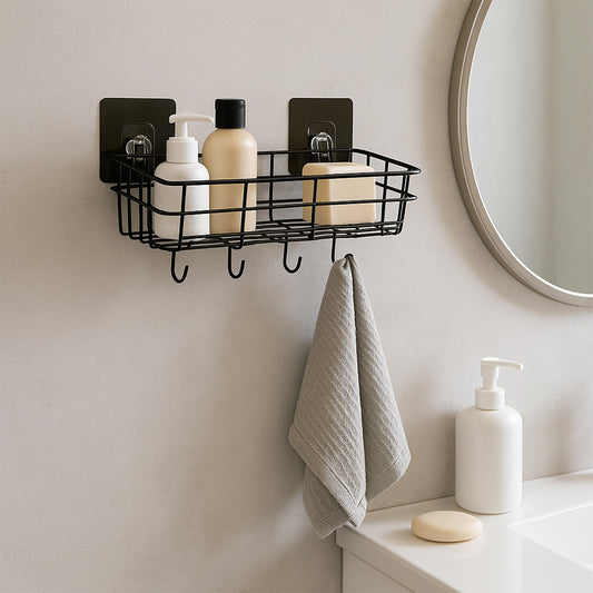 Two heavy-duty Wukusy self-adhesive wall storage baskets with hooks for organizing items in home improvement projects.