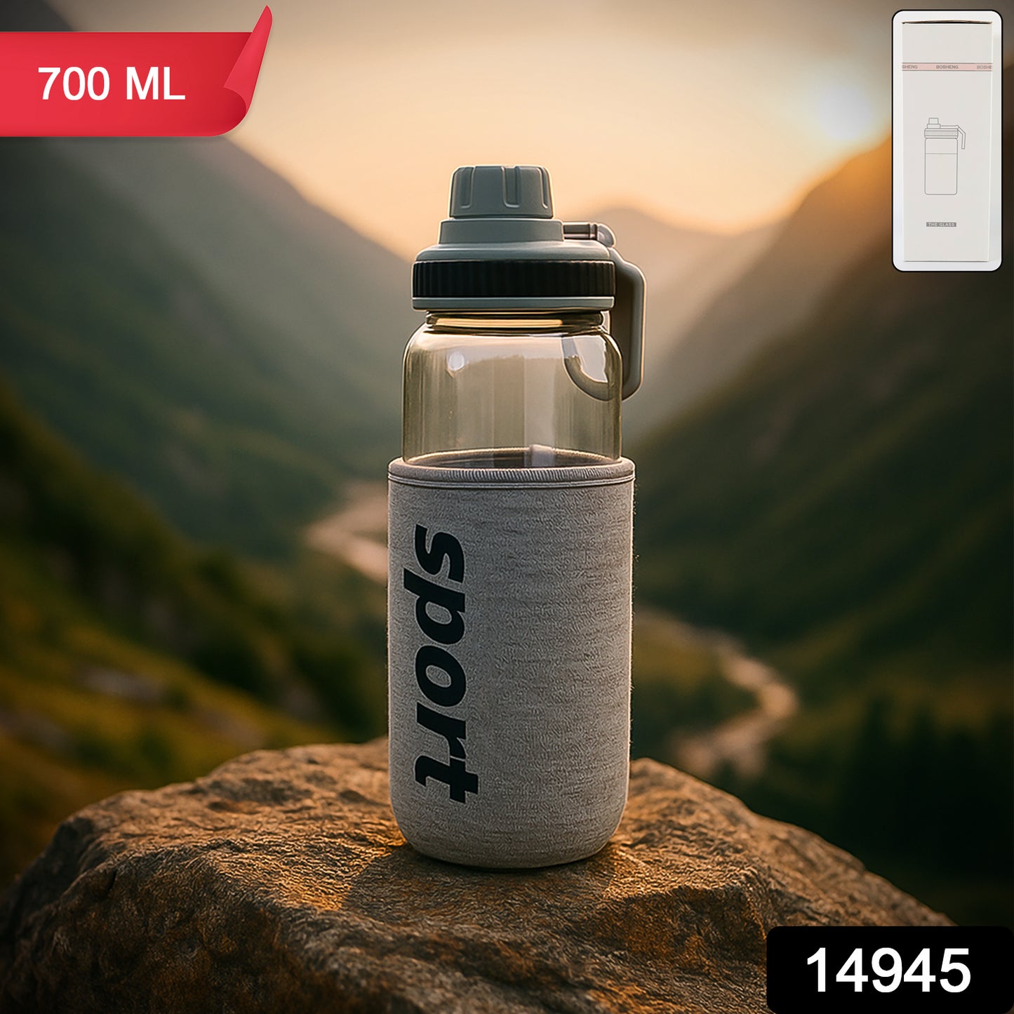 Wukusy 700ml sports water bottle with protective sleeve, clear plastic design, and leak-proof cap for active hydration.